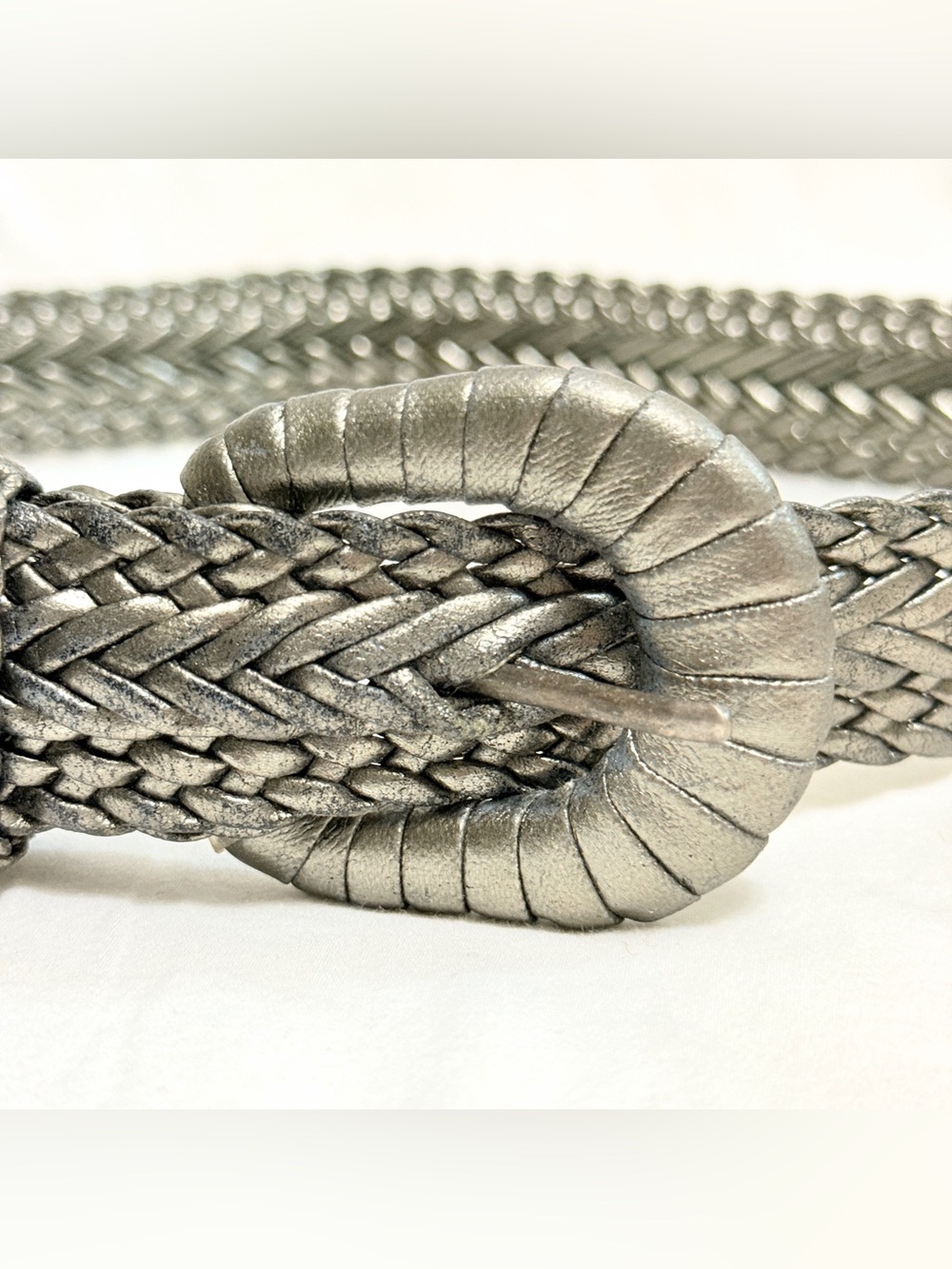 Vintage Metallic Silver Braided Belt Boho Woven Round Buckle S/M